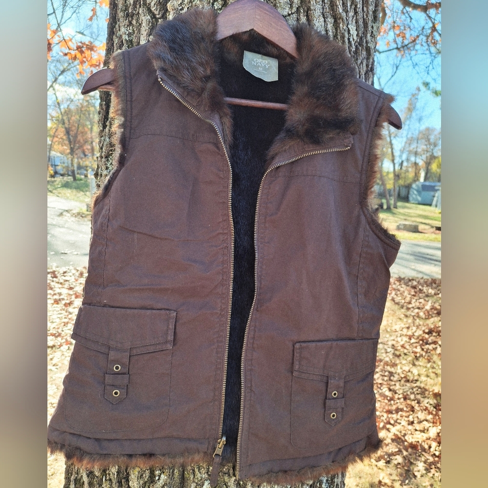 Y2k Old Navy Brown Faux Fur Lined Utility Vest Women’s Medium Cabincore Winter